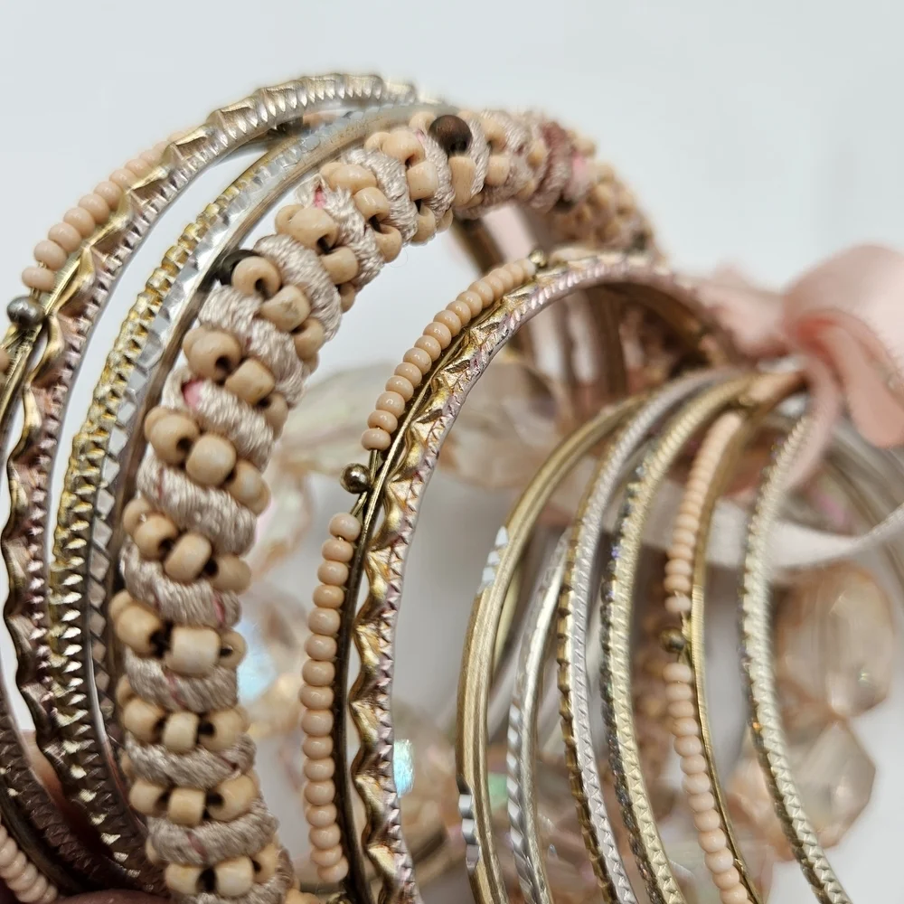 NEW Pink Mixed Metals Stackable Bracelet Set Stretch Beaded Bangle Glitter